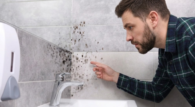 Mold growing near sink due to prolonged moisture exposure.