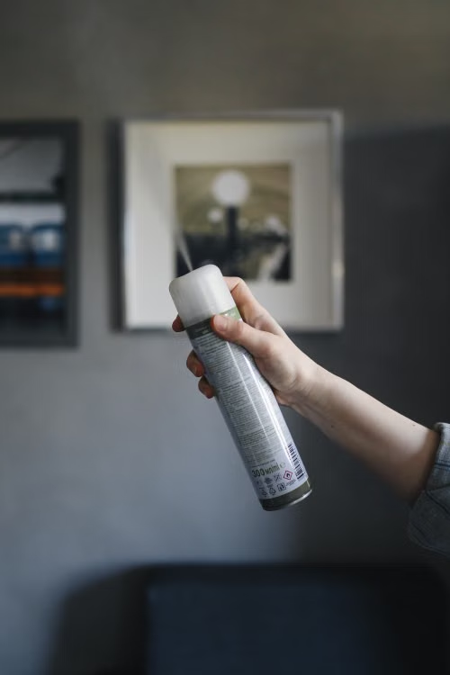 Person spraying air freshener to mask unpleasant plumbing odors in a home.