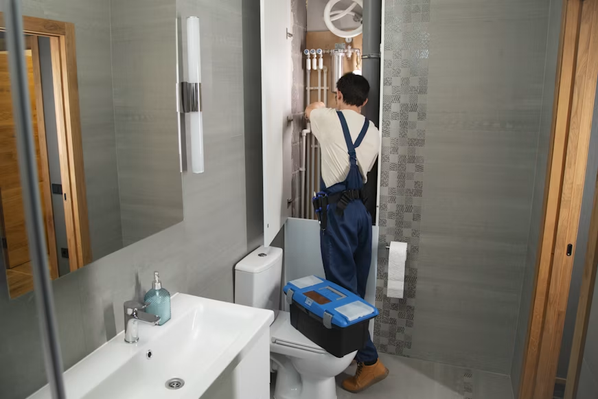 Plumber repairing bathroom plumbing fixtures during a residential service call.
