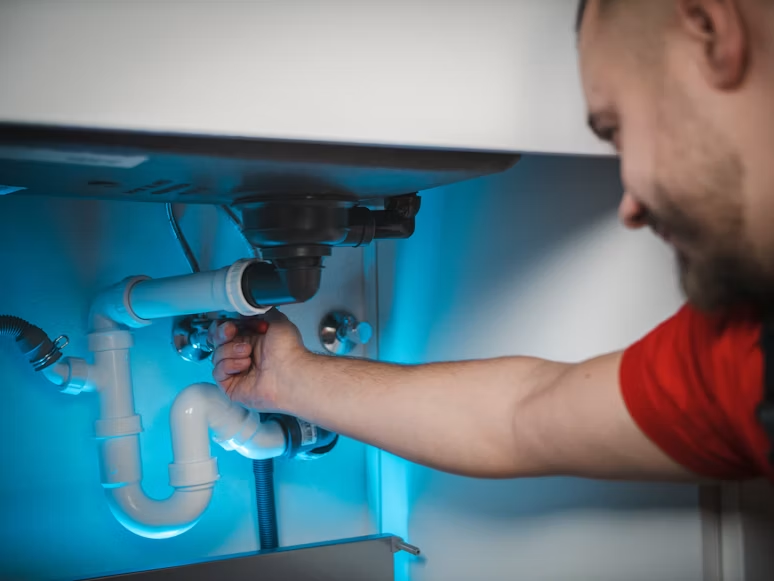 Plumber repairing water pipes inside a residential wall.