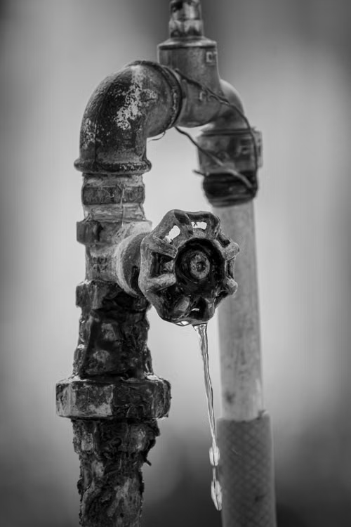 Rusty outdoor faucet slowly dripping water, indicating a possible plumbing leak.